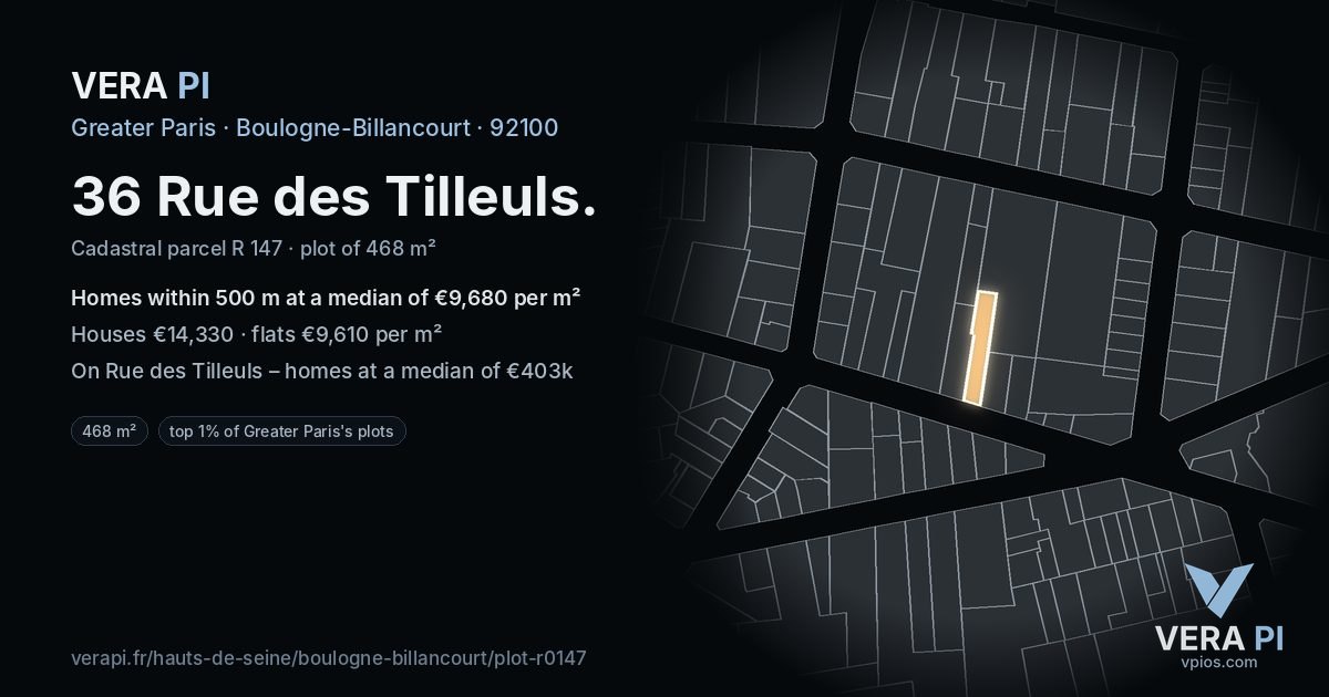 36 Rue des Tilleuls, Boulogne-Billancourt at night – the plot lit, the parcels around coloured by the prices near them