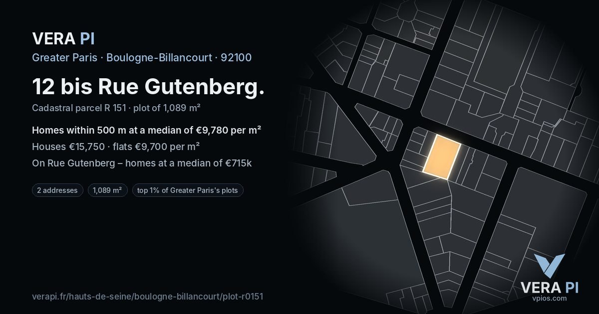 12 bis Rue Gutenberg, Boulogne-Billancourt at night – the plot lit, the parcels around coloured by the prices near them