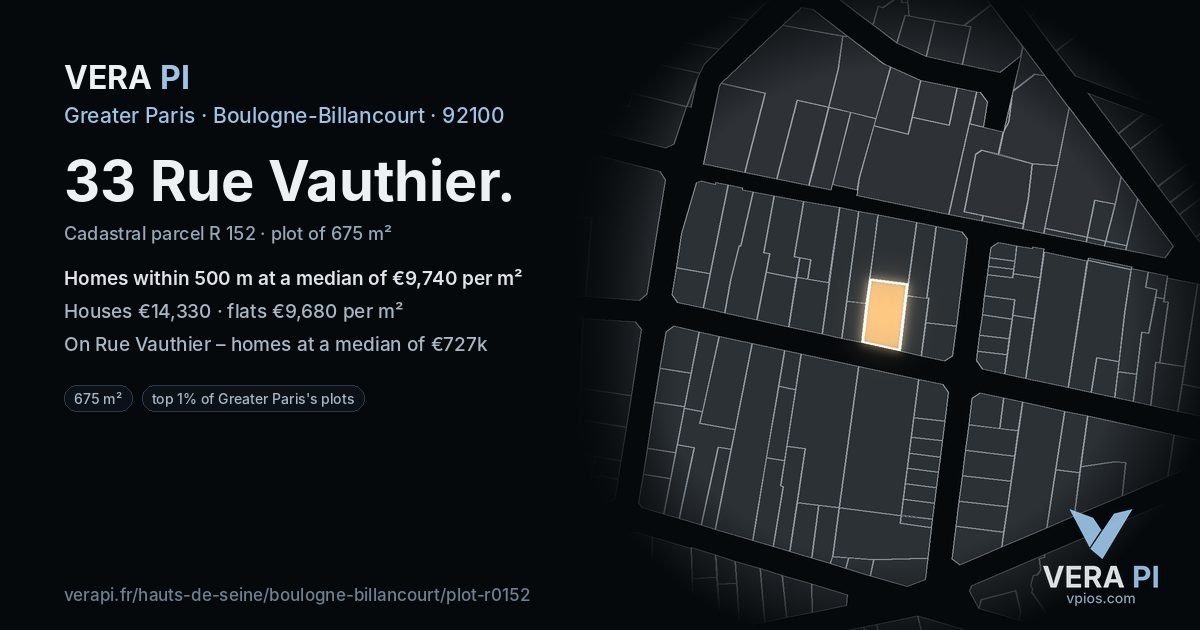 33 Rue Vauthier, Boulogne-Billancourt at night – the plot lit, the parcels around coloured by the prices near them