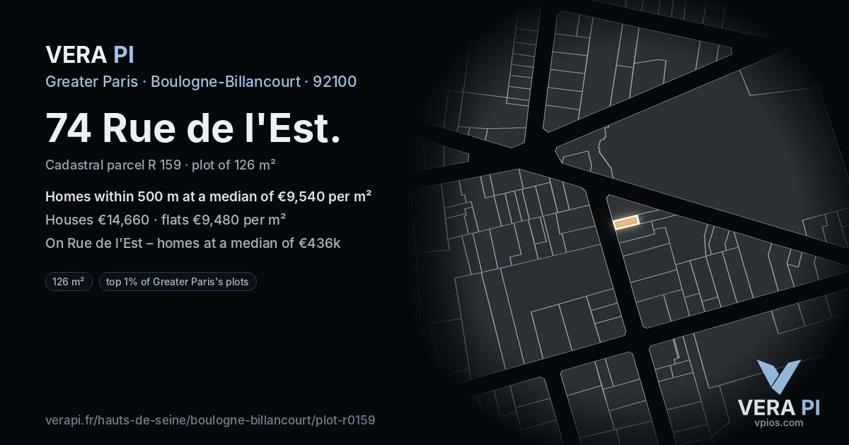 74 Rue de l'Est, Boulogne-Billancourt at night – the plot lit, the parcels around coloured by the prices near them