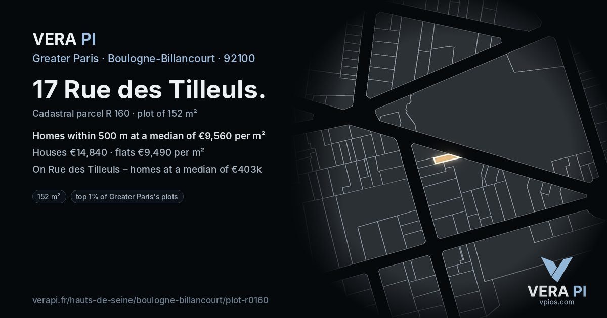 17 Rue des Tilleuls, Boulogne-Billancourt at night – the plot lit, the parcels around coloured by the prices near them