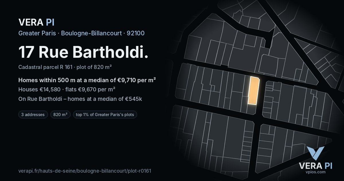 17 Rue Bartholdi, Boulogne-Billancourt at night – the plot lit, the parcels around coloured by the prices near them