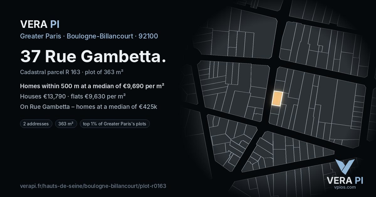 37 Rue Gambetta, Boulogne-Billancourt at night – the plot lit, the parcels around coloured by the prices near them