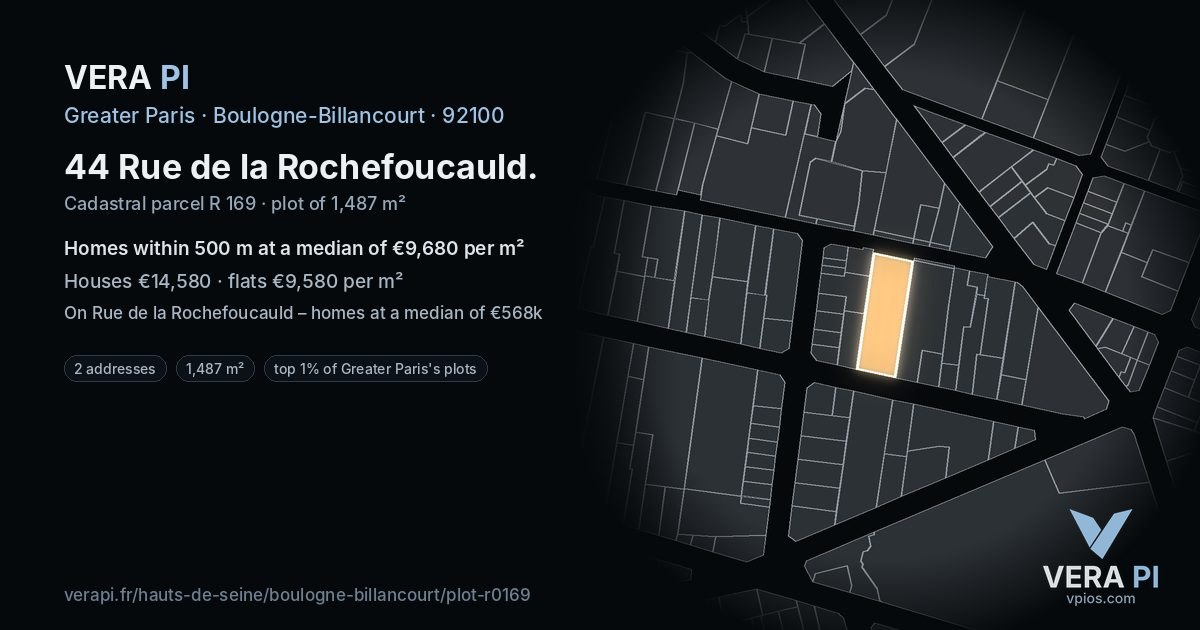 44 Rue de la Rochefoucauld, Boulogne-Billancourt at night – the plot lit, the parcels around coloured by the prices near them