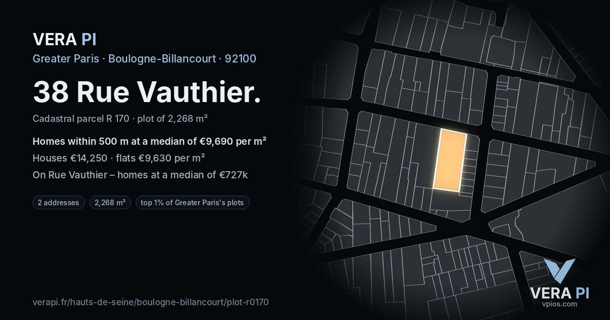 38 Rue Vauthier, Boulogne-Billancourt at night – the plot lit, the parcels around coloured by the prices near them