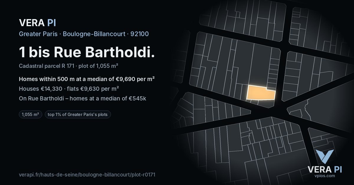 1 bis Rue Bartholdi, Boulogne-Billancourt at night – the plot lit, the parcels around coloured by the prices near them