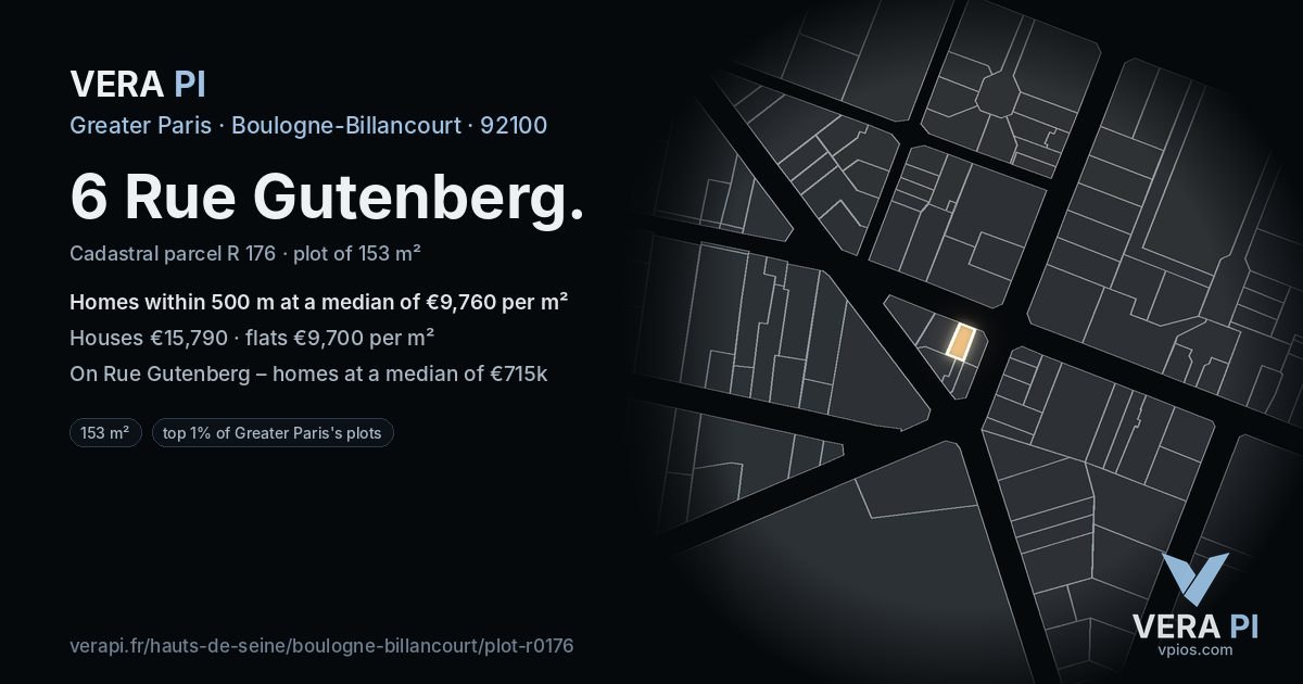 6 Rue Gutenberg, Boulogne-Billancourt at night – the plot lit, the parcels around coloured by the prices near them