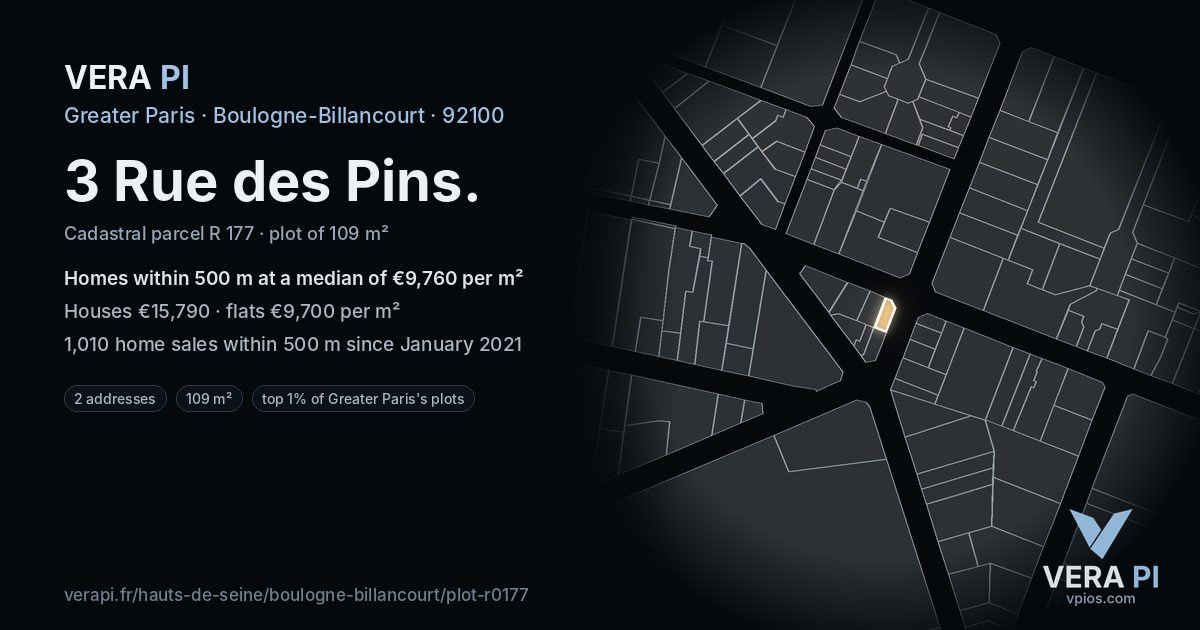 3 Rue des Pins, Boulogne-Billancourt at night – the plot lit, the parcels around coloured by the prices near them