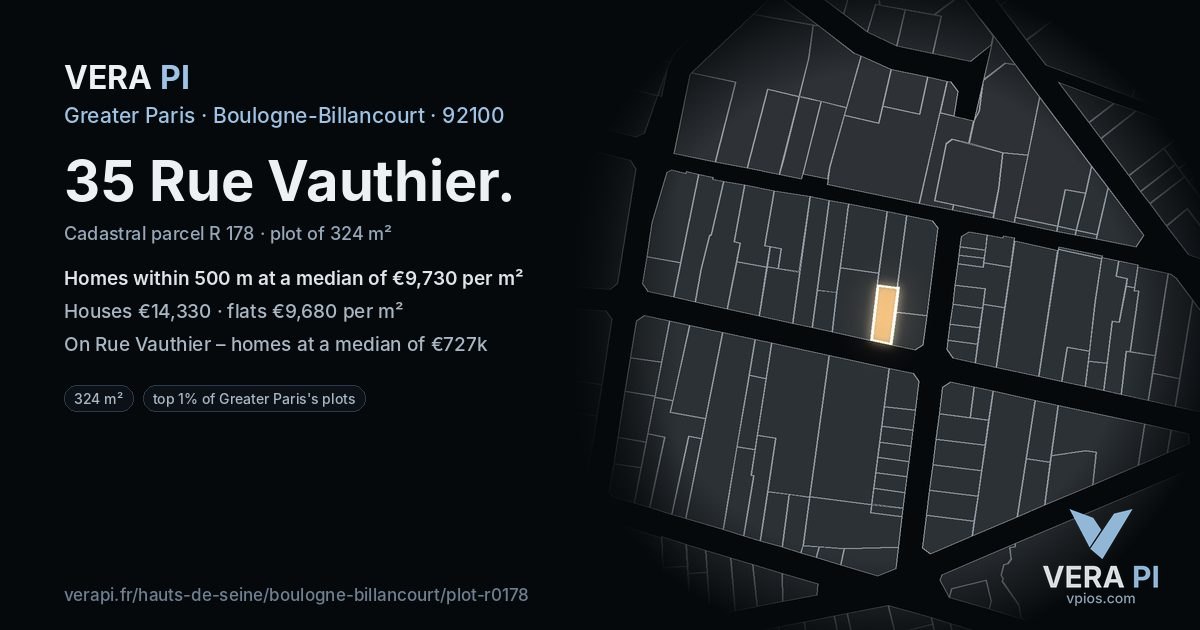 35 Rue Vauthier, Boulogne-Billancourt at night – the plot lit, the parcels around coloured by the prices near them