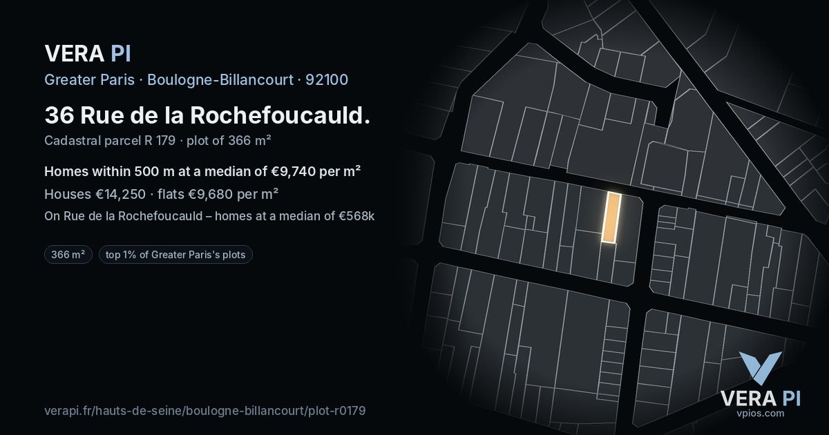36 Rue de la Rochefoucauld, Boulogne-Billancourt at night – the plot lit, the parcels around coloured by the prices near them