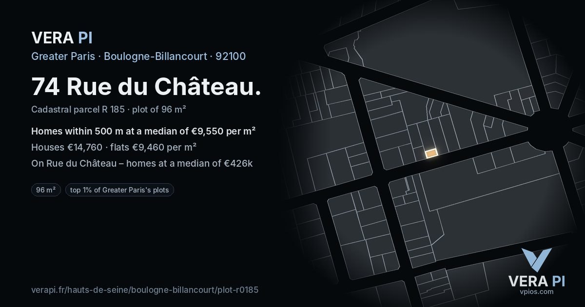 74 Rue du Château, Boulogne-Billancourt at night – the plot lit, the parcels around coloured by the prices near them