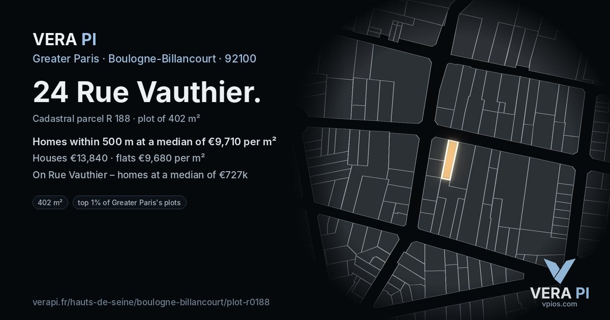 24 Rue Vauthier, Boulogne-Billancourt at night – the plot lit, the parcels around coloured by the prices near them