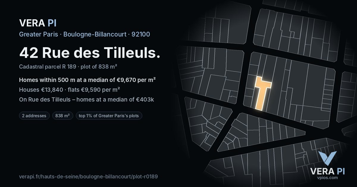 42 Rue des Tilleuls, Boulogne-Billancourt at night – the plot lit, the parcels around coloured by the prices near them