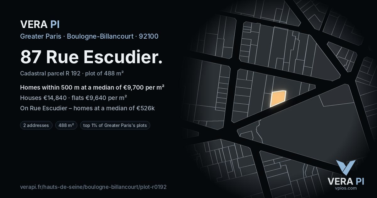 87 Rue Escudier, Boulogne-Billancourt at night – the plot lit, the parcels around coloured by the prices near them