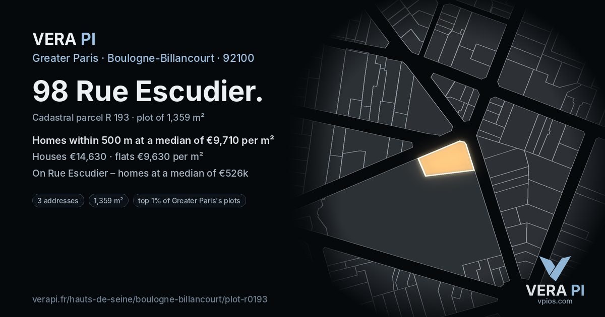 98 Rue Escudier, Boulogne-Billancourt at night – the plot lit, the parcels around coloured by the prices near them