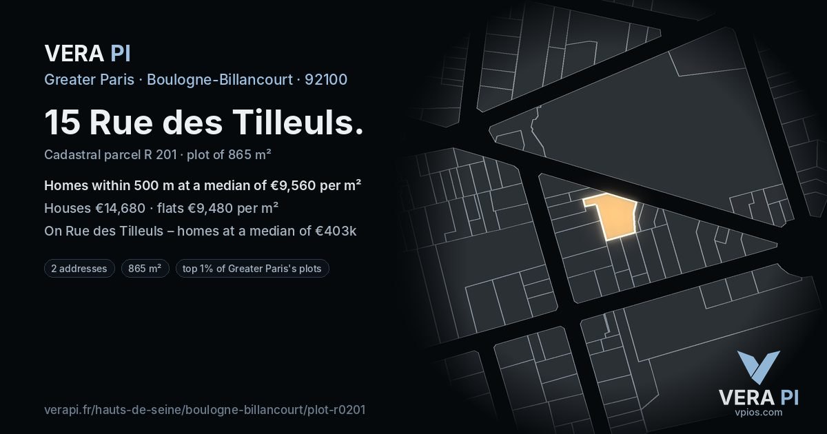 15 Rue des Tilleuls, Boulogne-Billancourt at night – the plot lit, the parcels around coloured by the prices near them