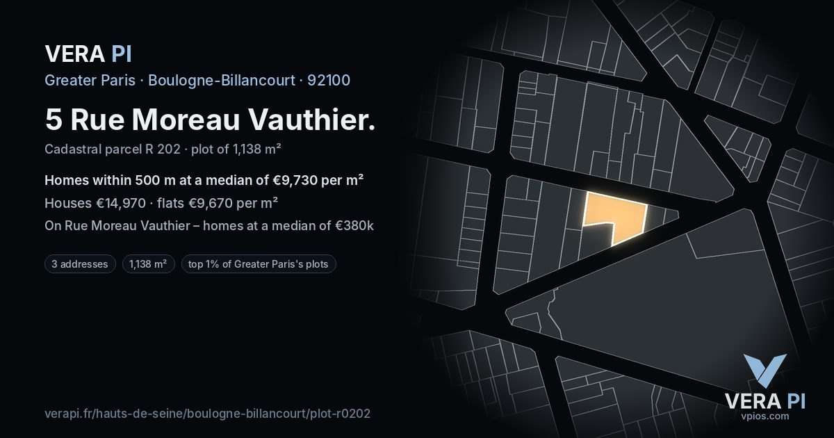 5 Rue Moreau Vauthier, Boulogne-Billancourt at night – the plot lit, the parcels around coloured by the prices near them