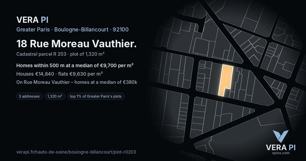 18 Rue Moreau Vauthier, Boulogne-Billancourt at night – the plot lit, the parcels around coloured by the prices near them