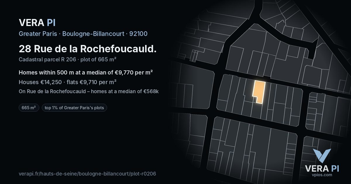 28 Rue de la Rochefoucauld, Boulogne-Billancourt at night – the plot lit, the parcels around coloured by the prices near them