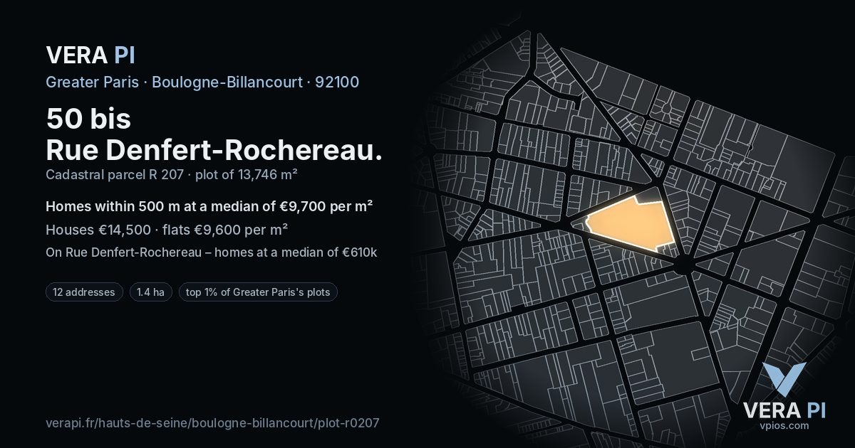 50 bis Rue Denfert-Rochereau, Boulogne-Billancourt at night – the plot lit, the parcels around coloured by the prices near them