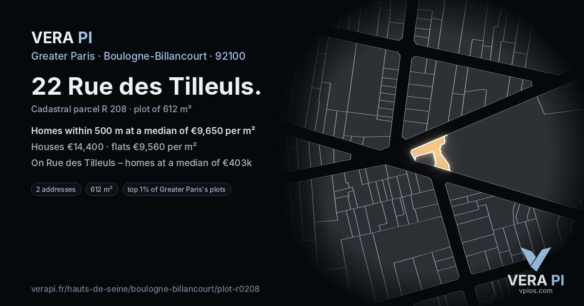 22 Rue des Tilleuls, Boulogne-Billancourt at night – the plot lit, the parcels around coloured by the prices near them