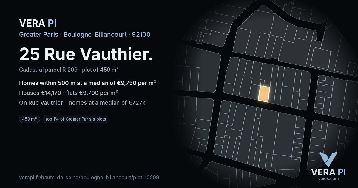 25 Rue Vauthier, Boulogne-Billancourt at night – the plot lit, the parcels around coloured by the prices near them