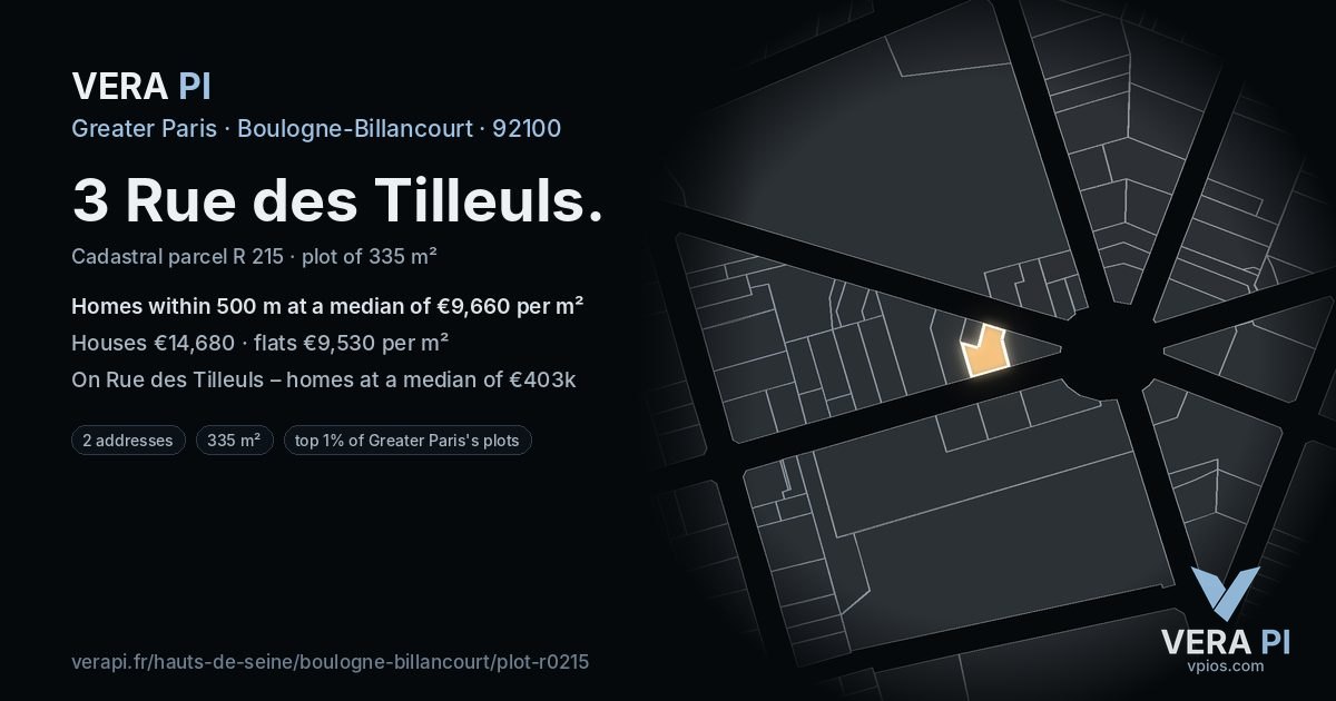 3 Rue des Tilleuls, Boulogne-Billancourt at night – the plot lit, the parcels around coloured by the prices near them