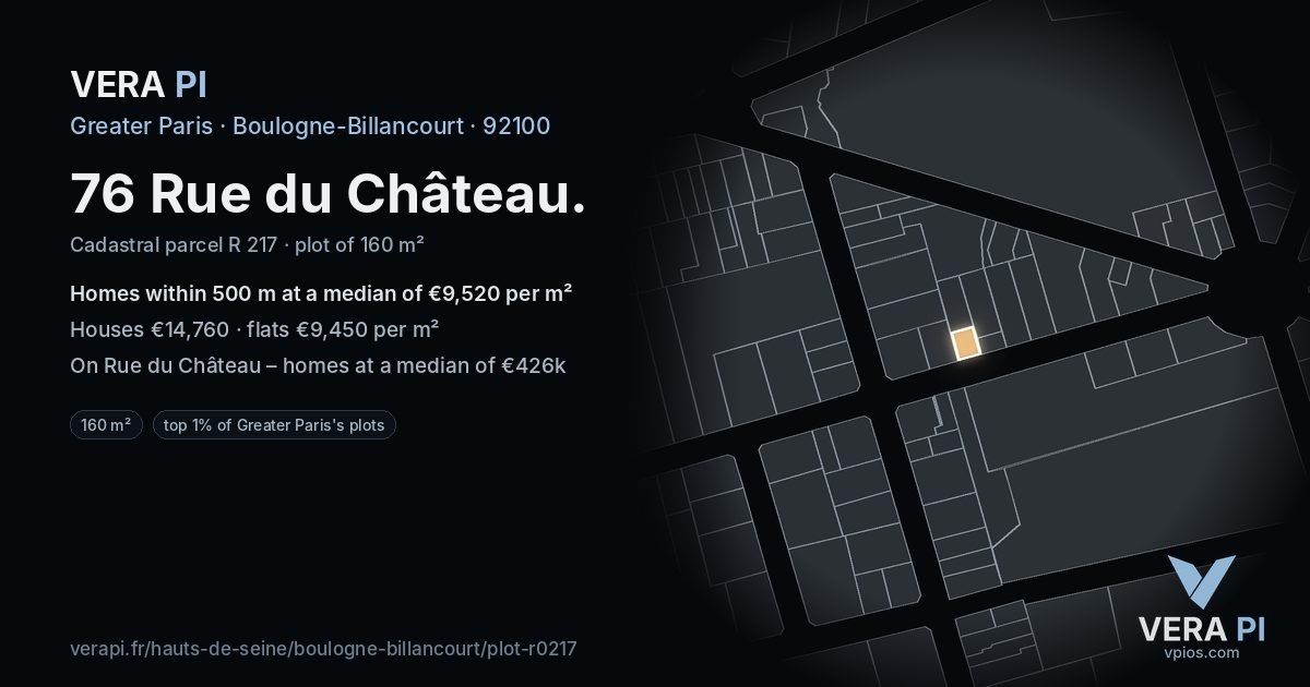 76 Rue du Château, Boulogne-Billancourt at night – the plot lit, the parcels around coloured by the prices near them