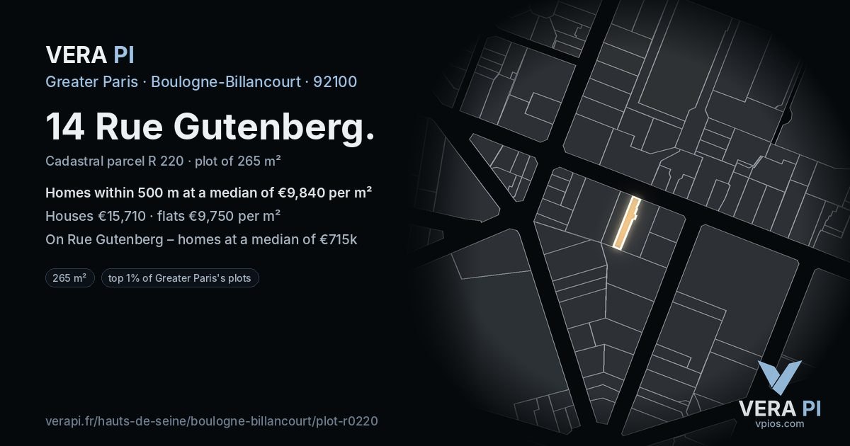 14 Rue Gutenberg, Boulogne-Billancourt at night – the plot lit, the parcels around coloured by the prices near them