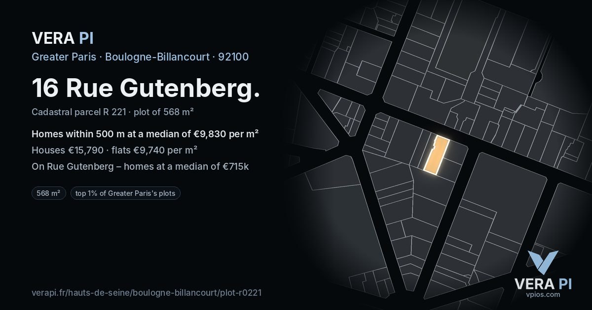 16 Rue Gutenberg, Boulogne-Billancourt at night – the plot lit, the parcels around coloured by the prices near them