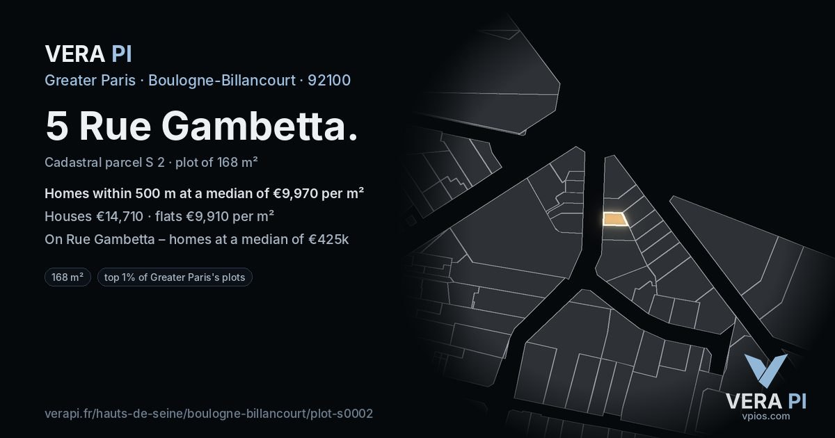 5 Rue Gambetta, Boulogne-Billancourt at night – the plot lit, the parcels around coloured by the prices near them