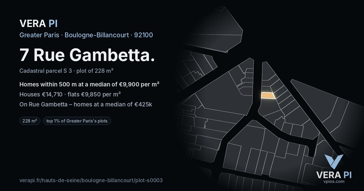 7 Rue Gambetta, Boulogne-Billancourt at night – the plot lit, the parcels around coloured by the prices near them