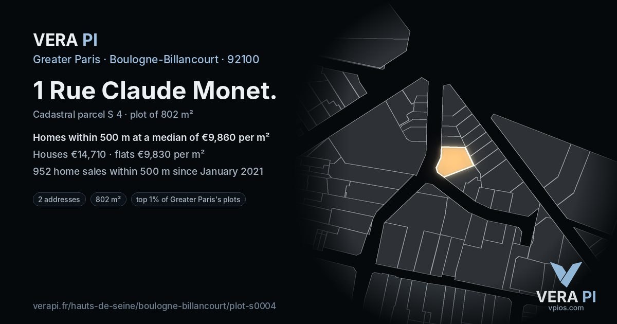 1 Rue Claude Monet, Boulogne-Billancourt at night – the plot lit, the parcels around coloured by the prices near them
