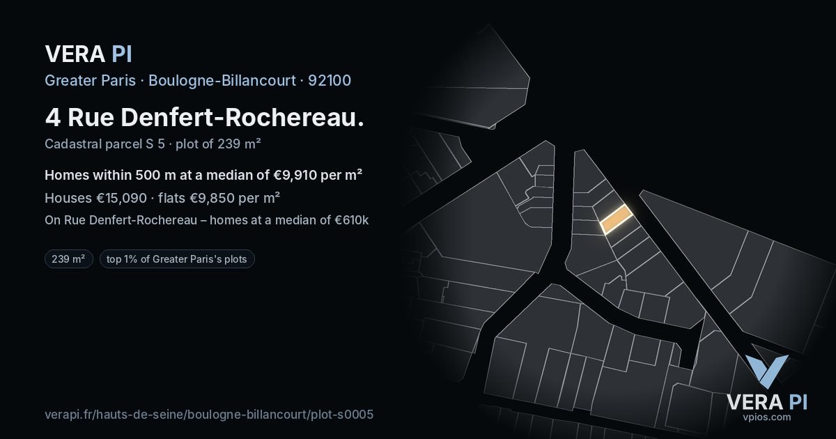 4 Rue Denfert-Rochereau, Boulogne-Billancourt at night – the plot lit, the parcels around coloured by the prices near them