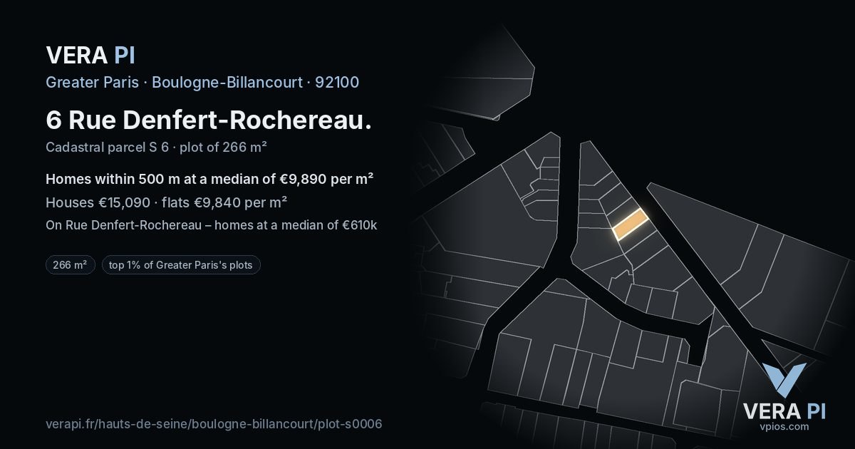6 Rue Denfert-Rochereau, Boulogne-Billancourt at night – the plot lit, the parcels around coloured by the prices near them