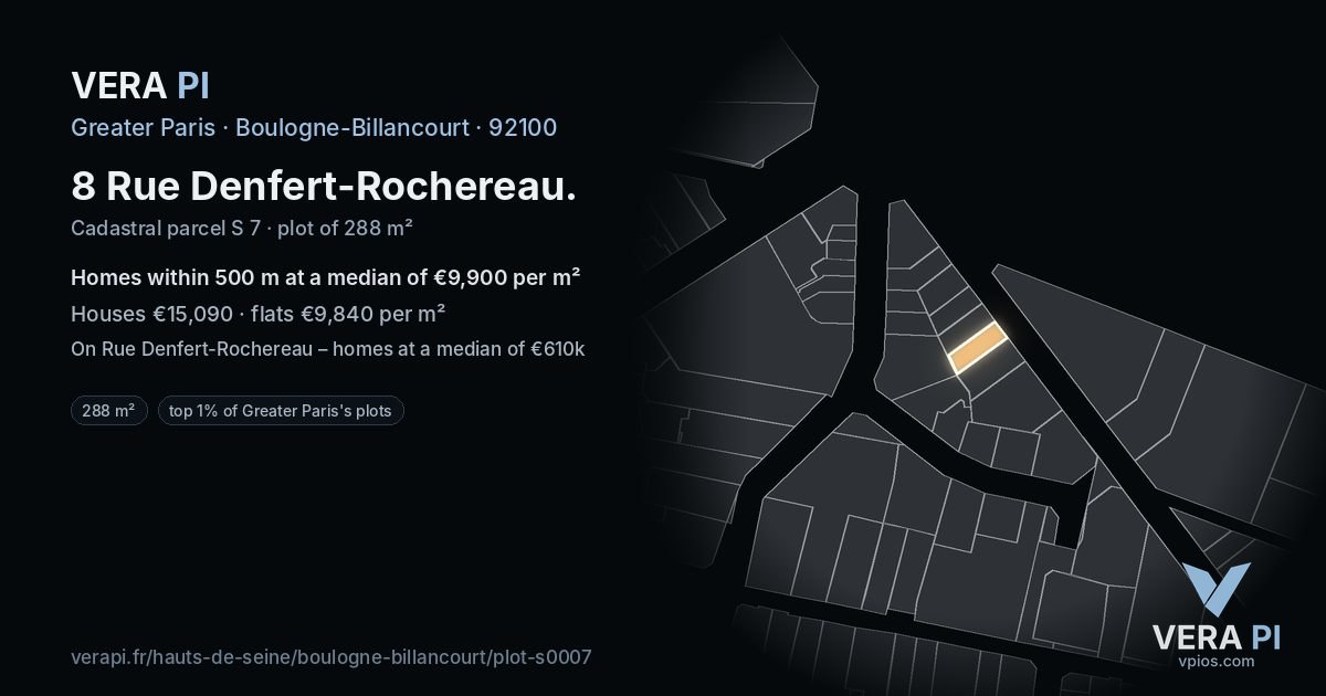8 Rue Denfert-Rochereau, Boulogne-Billancourt at night – the plot lit, the parcels around coloured by the prices near them