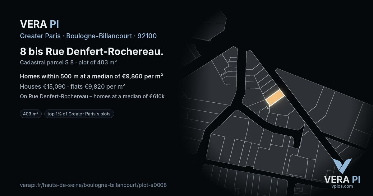 8 bis Rue Denfert-Rochereau, Boulogne-Billancourt at night – the plot lit, the parcels around coloured by the prices near them