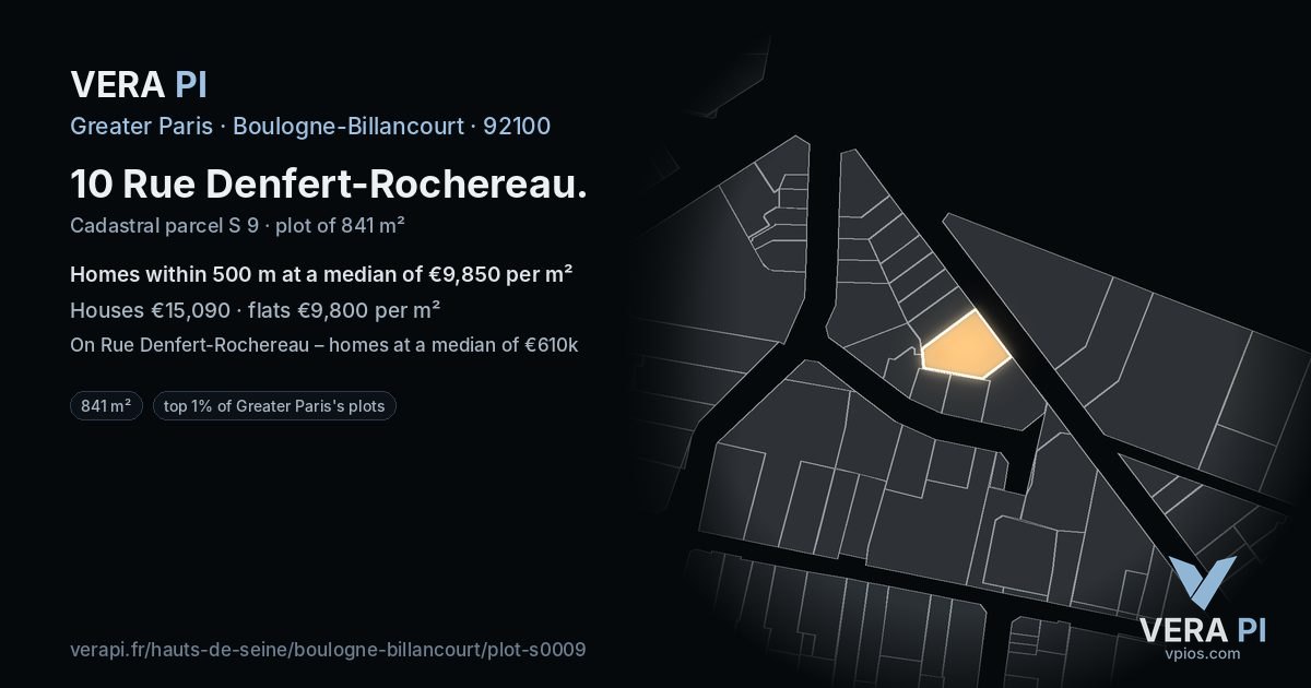 10 Rue Denfert-Rochereau, Boulogne-Billancourt at night – the plot lit, the parcels around coloured by the prices near them