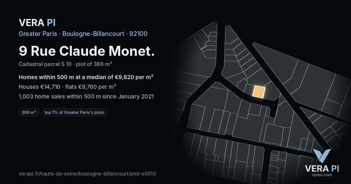 9 Rue Claude Monet, Boulogne-Billancourt at night – the plot lit, the parcels around coloured by the prices near them