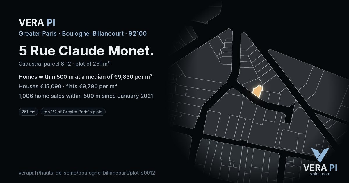 5 Rue Claude Monet, Boulogne-Billancourt at night – the plot lit, the parcels around coloured by the prices near them