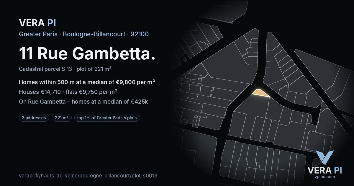11 Rue Gambetta, Boulogne-Billancourt at night – the plot lit, the parcels around coloured by the prices near them