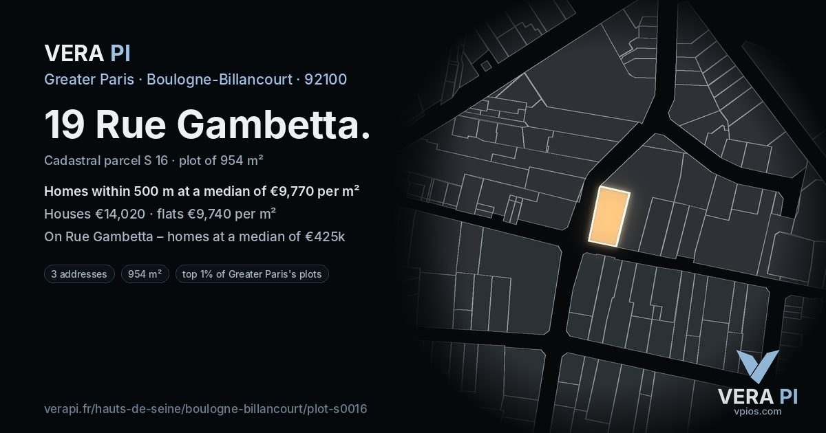 19 Rue Gambetta, Boulogne-Billancourt at night – the plot lit, the parcels around coloured by the prices near them