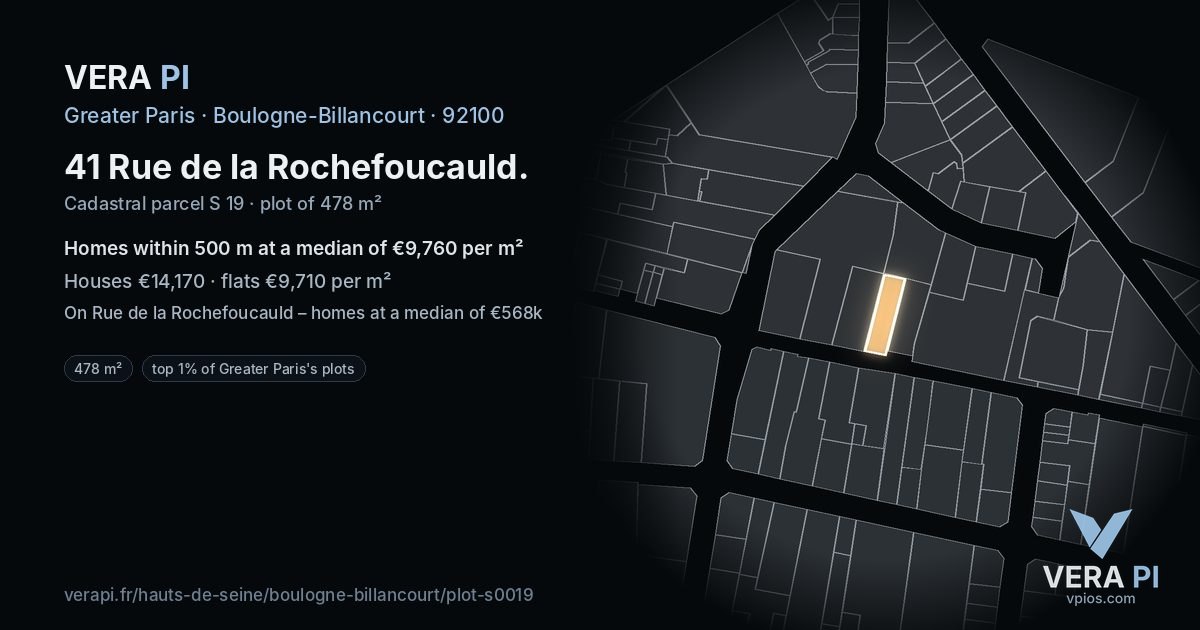 41 Rue de la Rochefoucauld, Boulogne-Billancourt at night – the plot lit, the parcels around coloured by the prices near them