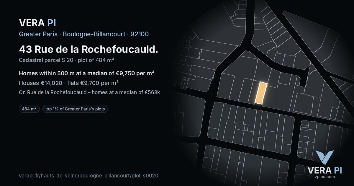 43 Rue de la Rochefoucauld, Boulogne-Billancourt at night – the plot lit, the parcels around coloured by the prices near them
