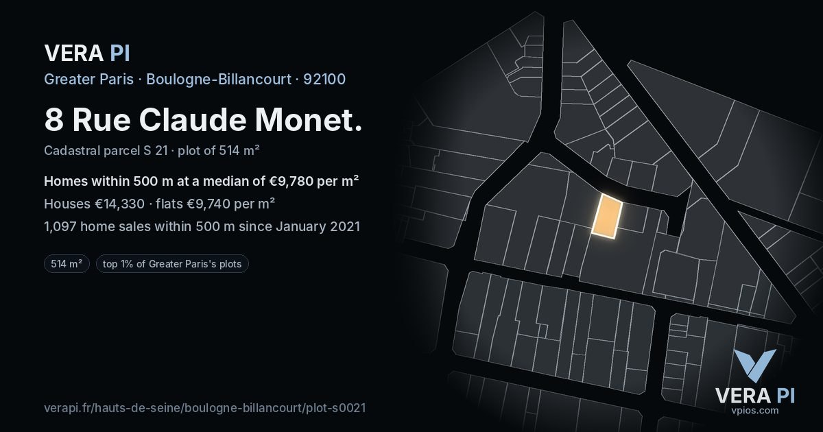 8 Rue Claude Monet, Boulogne-Billancourt at night – the plot lit, the parcels around coloured by the prices near them