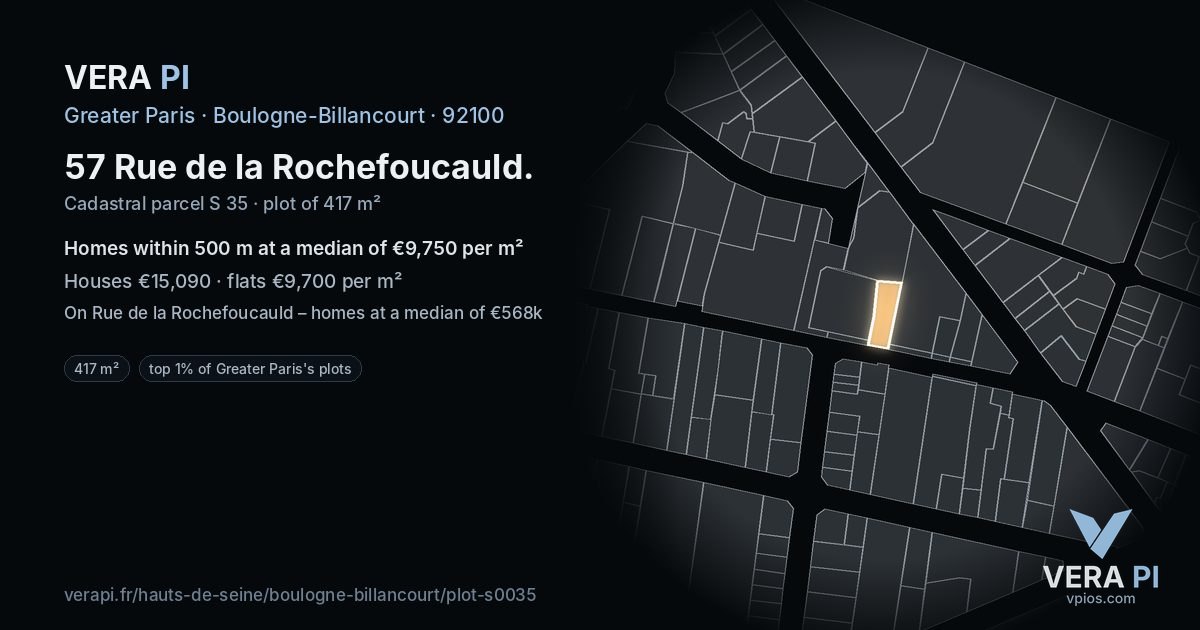 57 Rue de la Rochefoucauld, Boulogne-Billancourt at night – the plot lit, the parcels around coloured by the prices near them
