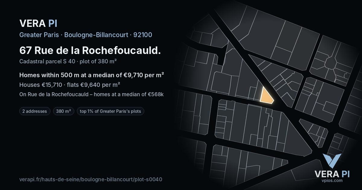67 Rue de la Rochefoucauld, Boulogne-Billancourt at night – the plot lit, the parcels around coloured by the prices near them