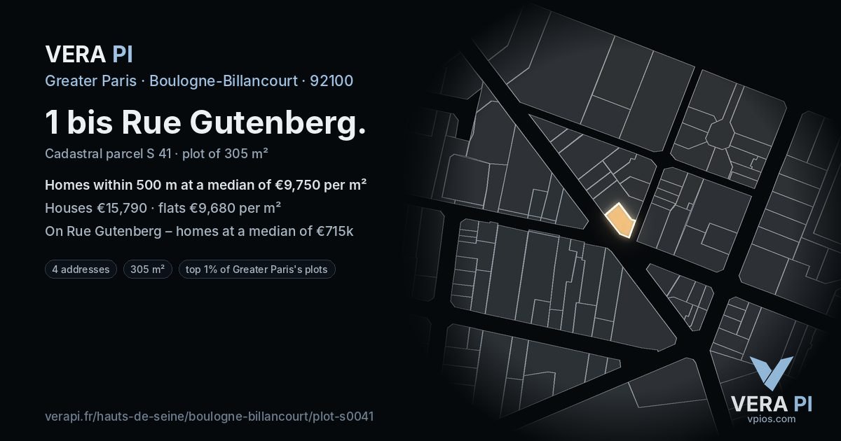 1 bis Rue Gutenberg, Boulogne-Billancourt at night – the plot lit, the parcels around coloured by the prices near them