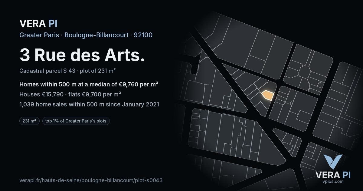 3 Rue des Arts, Boulogne-Billancourt at night – the plot lit, the parcels around coloured by the prices near them