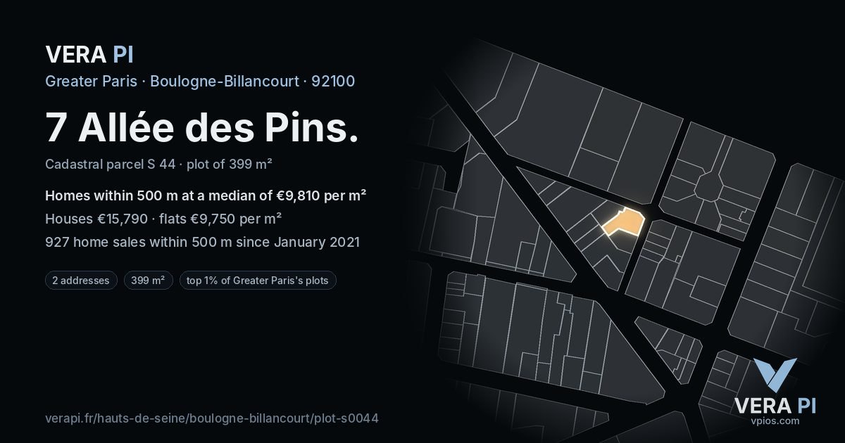 7 Allée des Pins, Boulogne-Billancourt at night – the plot lit, the parcels around coloured by the prices near them